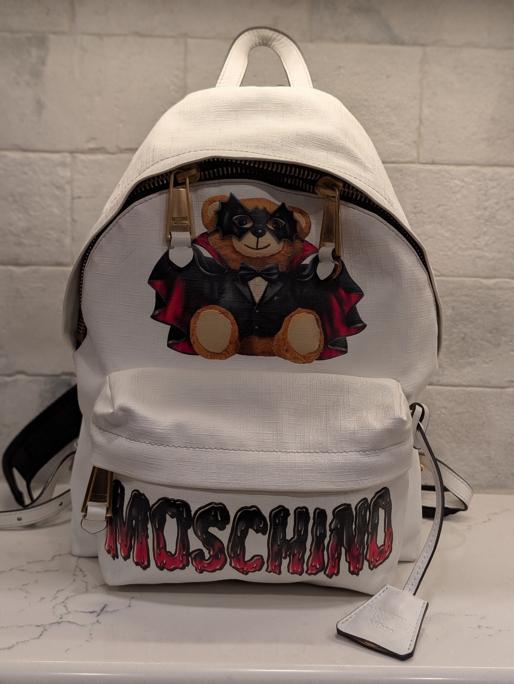 Moschino Backpack - GUC - White Batman Teddy Bear 10x14x8 Inches
